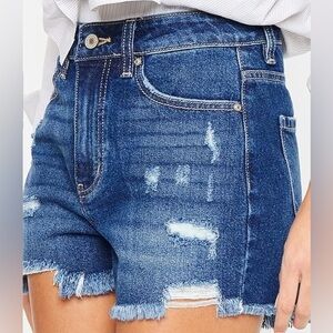 KanCan Dark Blue Distressed Raw Hem Jean Shorts, Size 28